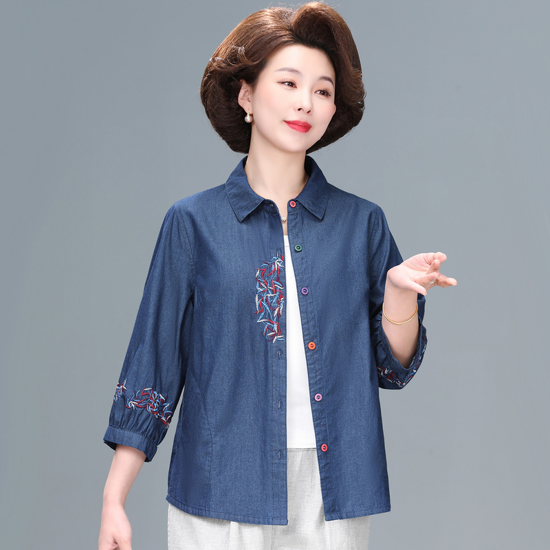 Elderly Women's Spring Clothing, Three-Quarter Sleeve Cotton Denim Grandma-Style Top, Spring and Summer Mother's Clothing, Large Size Shirt