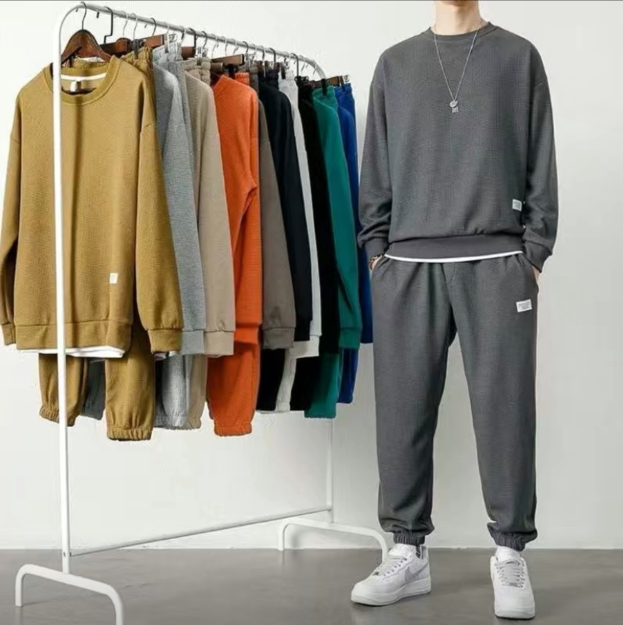 Autumn and Winter Waffle Cotton Men's Sports Casual Suit T-Shirt Men's Long Pants Set with Long Sleeves Two-Piece Set in Multiple Colors Autumn and Winter Waffle Cotton Men's Sports Casual Suit T-Shirt Men's Long Pants Set with Long Sleeves Two-Piece Set in Multiple Colors
