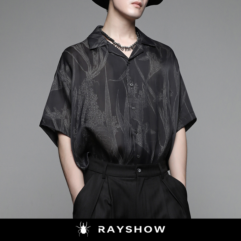 Rayshow Dark Pattern Iris Tencel Cuban Collar Shirt, Summer Drapey High-End Dark Style Short-Sleeved Shirt