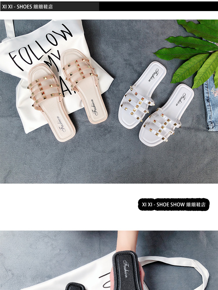 Dép nữ mùa hè thời trang dép 2018 từ mới kéo đinh tán bằng phẳng sandal nữ đế thấp