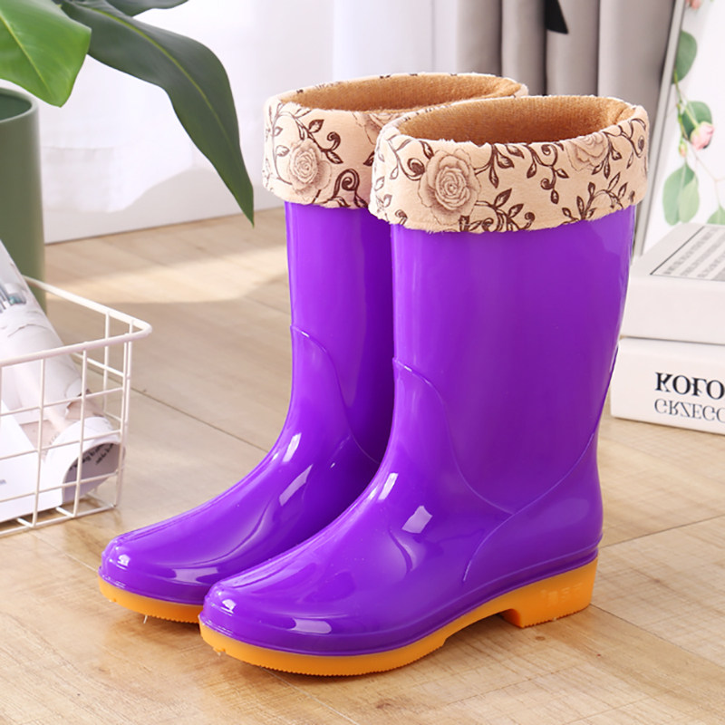 High tube non-slip waterproof shoes jelly rain boots warm water boots rubber shoes overshoes women adult plus velvet cotton winter