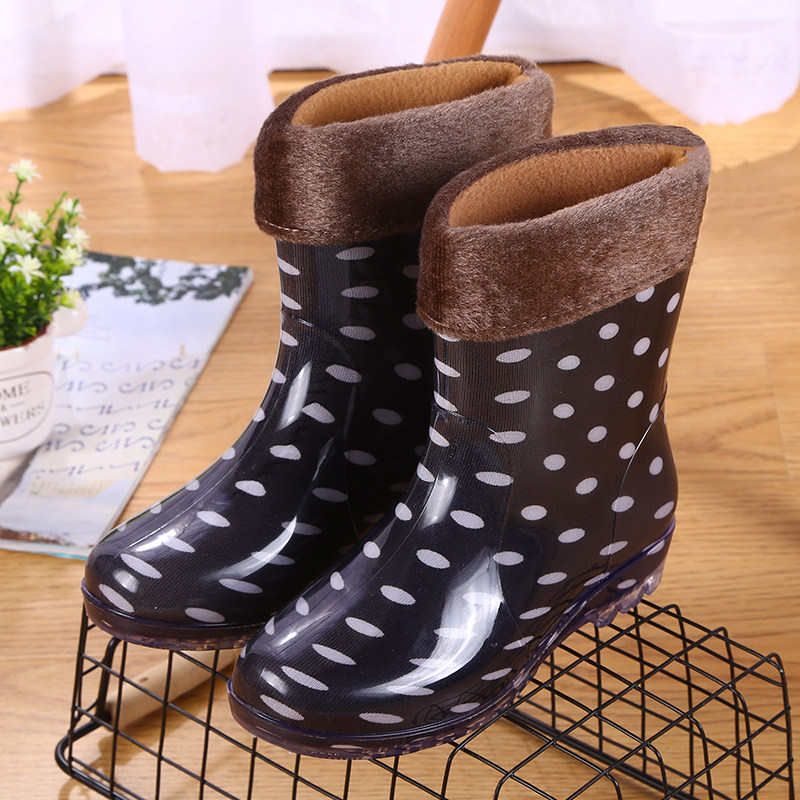 Waterproof shoes plus velvet cotton rain boots warm non-slip mid-tube rain boots rubber shoes overshoes women's short tube jelly adult fashion winter