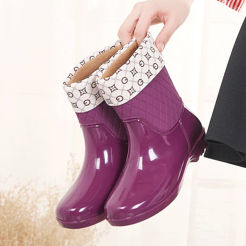 Fashionable outer wear waterproof shoes plus velvet cotton rain boots warm rain boots women's summer short tube work rubber shoes winter treading water non-slip