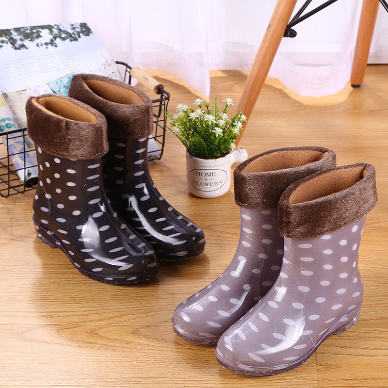 Jelly Rain Shoes Waterproof Shoes Plus Suede Cotton Rain Boots Gel Shoes Water Boots Cover Shoes Women Adults Non-slip Fashion Short Cylinders Warm Winter