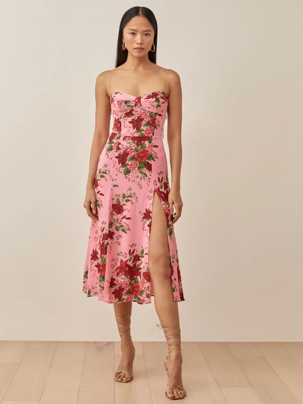 reformation American floral print side slit hem midi skirt strappy suspender dress