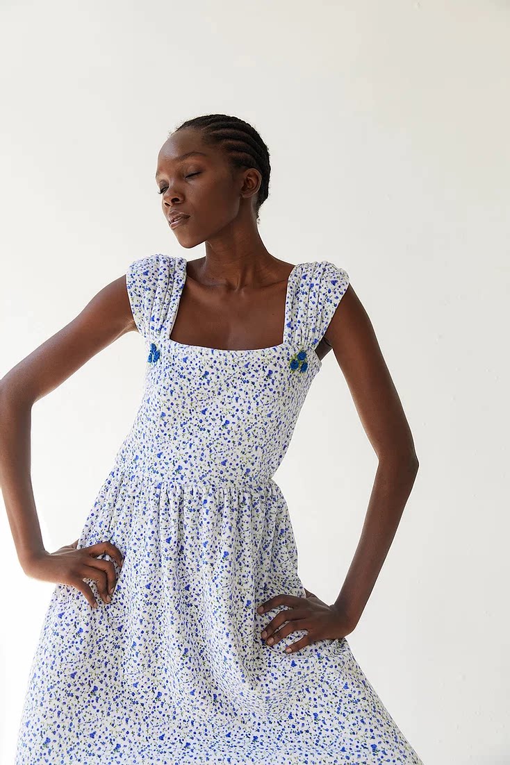 Official website empowers TACH Uruguay handcrafted blue crushed floral printed long dress sleeveless foreign dress