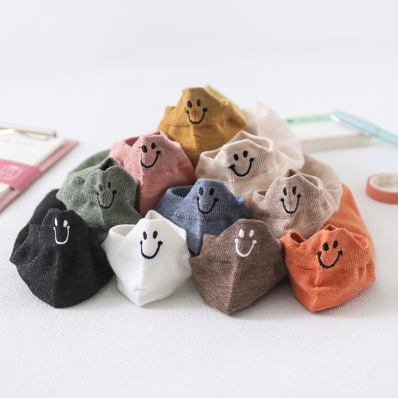 Smiley Face Socks for Girls, Short Socks, Low-Cut, Trendy Short Tube, Pure Cotton, Spring and Summer Thin Style, Korean Cute Japanese Style Boat Socks