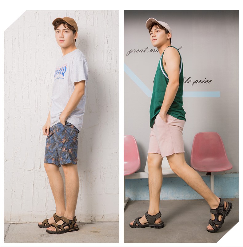 Quầy Teenmix / Tianmeiyi với cùng một đoạn da bò mờ / dép nam dệt may 67N01BL8 - Sandal sandal nam