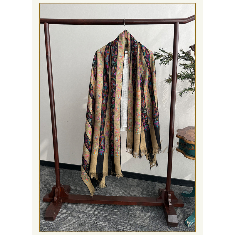 "Handmade Kani" Milk Tea Gold + Black Striped Kani Qr~Coshmir Kashmir Handmade Shawl