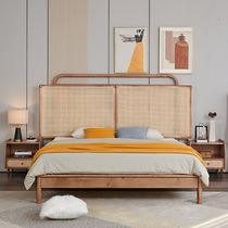Solid wood bed ash wood 1 8m double bed Nordic Japanese style master bedroom rattan simple ash wood Nordic B&B bed