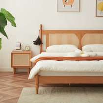Nordic retro rattan bed master bedroom cherry wood solid wood double bed 1 8m small apartment 1 5m Japanese style bed