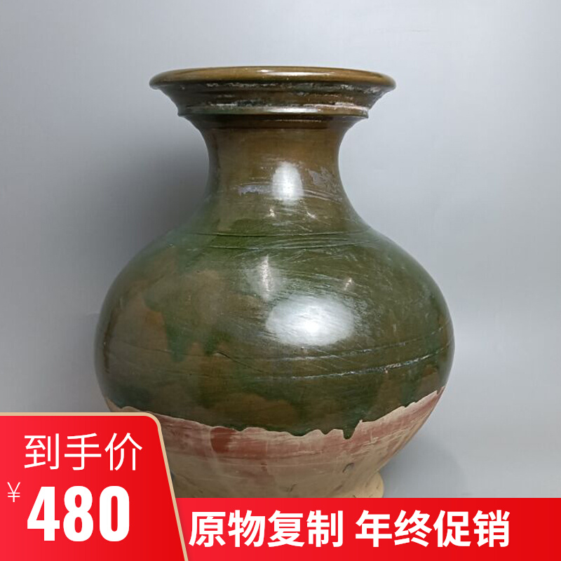 Antique porcelain, large clay pots, Han green glaze, vases, vases, classical pottery decorations, hotel decorations