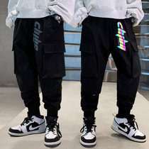 Boy Net red luminous overalls pants spring and autumn 2021 new middle school students handsome black long pants bunch feet