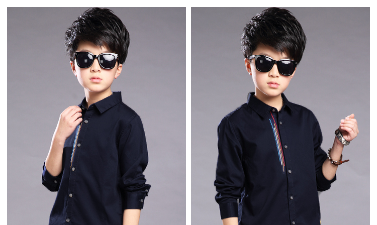 Áo sơ mi nam tay dài xuân hè 2018 trẻ em mới đẹp trai áo cotton trắng bé trai lớn 12-15 tuổi phiên bản Hàn Quốc sơ mi kẻ sọc cá tính cho bé