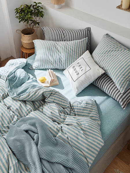 Bare Sleeping Class a Pure Cotton Knitted Tianzhu Cotton Bed Three Or Four Piece Suit Cotton Super Soft Minimalist Stripes Quilt Cover Bed Sheets