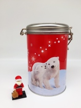 The polar bear contains a bucket of water.