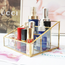 Nordic style brass glass jewelry box trapezoidal split remote control cosmetics four grid storage box desktop finishing