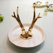 European-style elephant white ceramic plate Electroplated gold antler leaf ring holder Jewelry rack Earrings jewelry storage plate