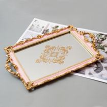  French retro pink rectangular carved mirror tray Tea fruit dessert cake table decoration display resin ornaments