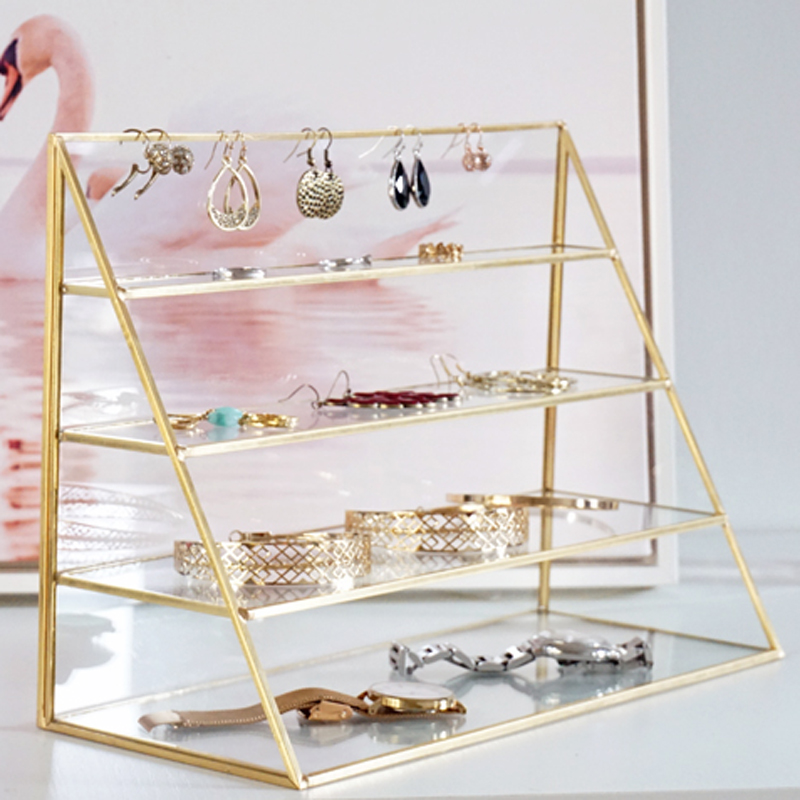 Nordic style brass glass four-layer jewelry rack bracelet earring jewelry special counter display rack shopping mall cosmetics storage