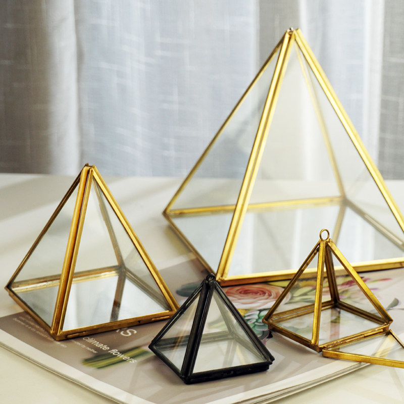 Vintage pyramid style jewelry box triangle glass storage box mini ring box immortal flower utensils display box