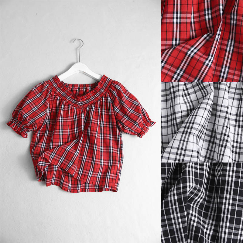 X019 side 0717 refreshing woven plaid elastic neckline short-sleeved pullover shirt