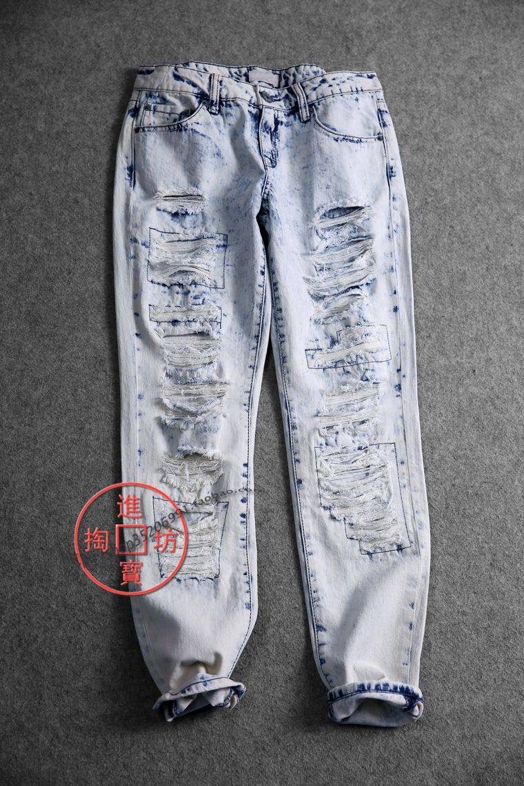 S037A 0710 dick dick with small personality hand work big breaking hole low waist straight cylinder type washed jeans