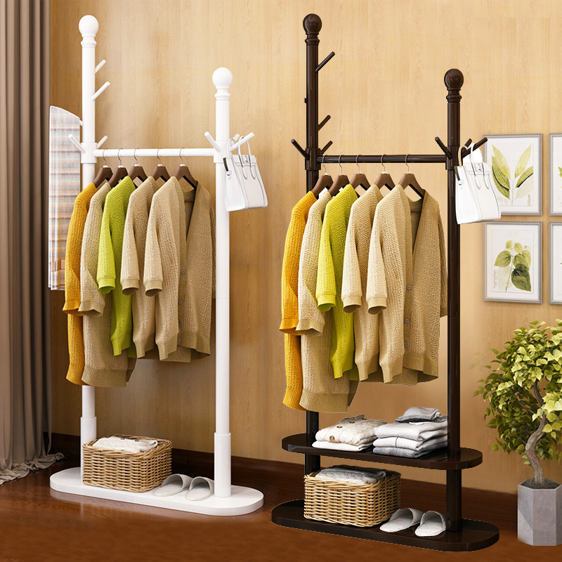 Floor-standing coat rack indoor simple double-layer bedroom clothes rack solid wood household multi-function does not occupy a floor hanger