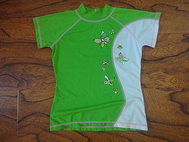 Green white elastic nylon children short sleeve round neck T-shirt printed flower pattern foreign trade outlet decent clothing flaws