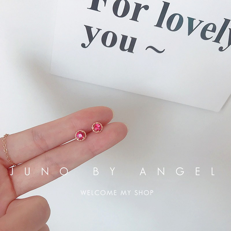 S925 sterling silver earrings Korean version rose gold tourmaline red inlaid zircon crystal earrings gem-plated real gold earrings for women