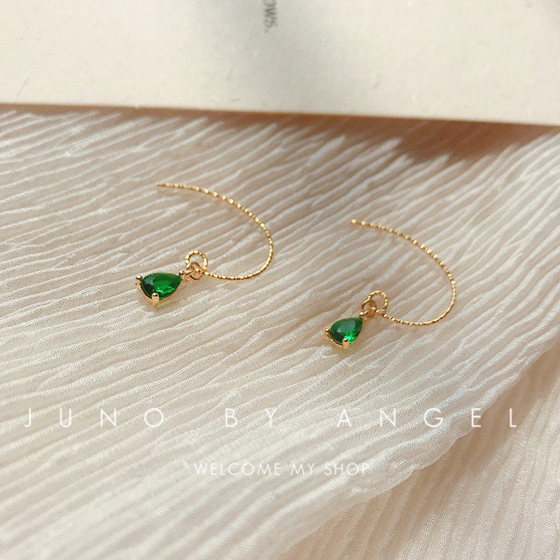 South Korea 24k gold-packed emerald small water drop earrings simple zircon earrings short hair student female sterling silver hypoallergenic