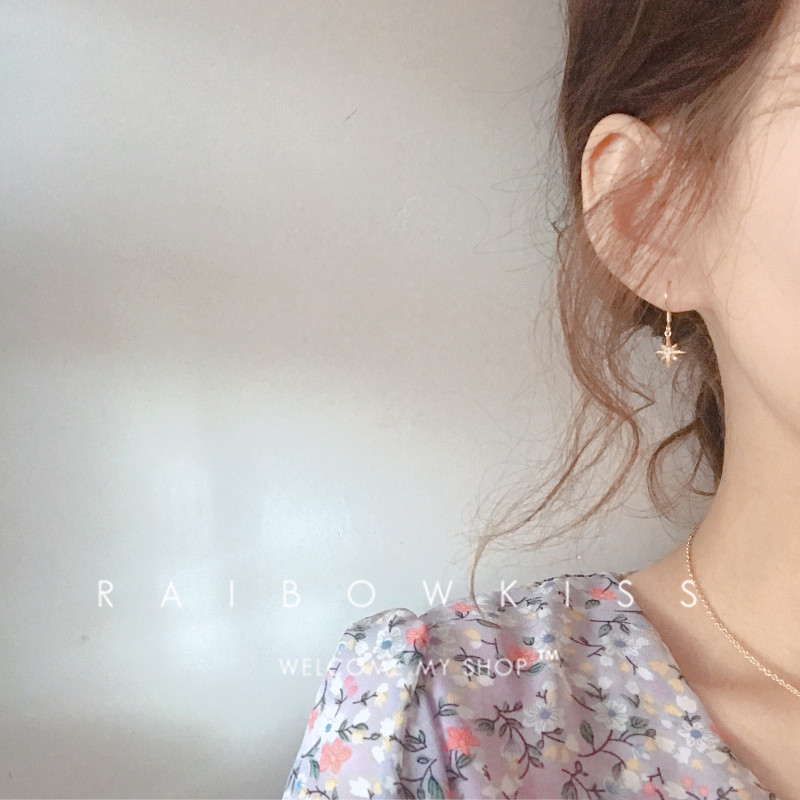 Little fresher 14k bag gold full drill Six Mans star earrings small stars ear pendant earrings 925 pure silver anti-allergy