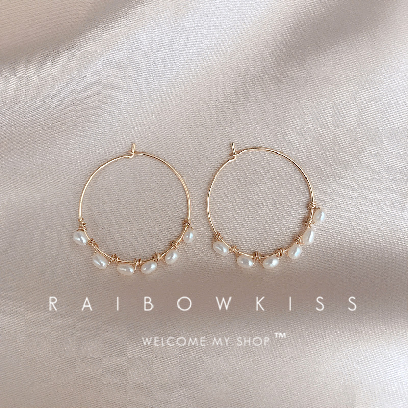 Hand-made fresh 18k gold natural freshwater pearl earrings circle earrings simple niche design earrings women