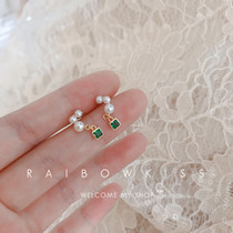 Three Pearl Emerald zircon earrings Korean simple 925 sterling silver square pendant bag gold earrings Female Personality