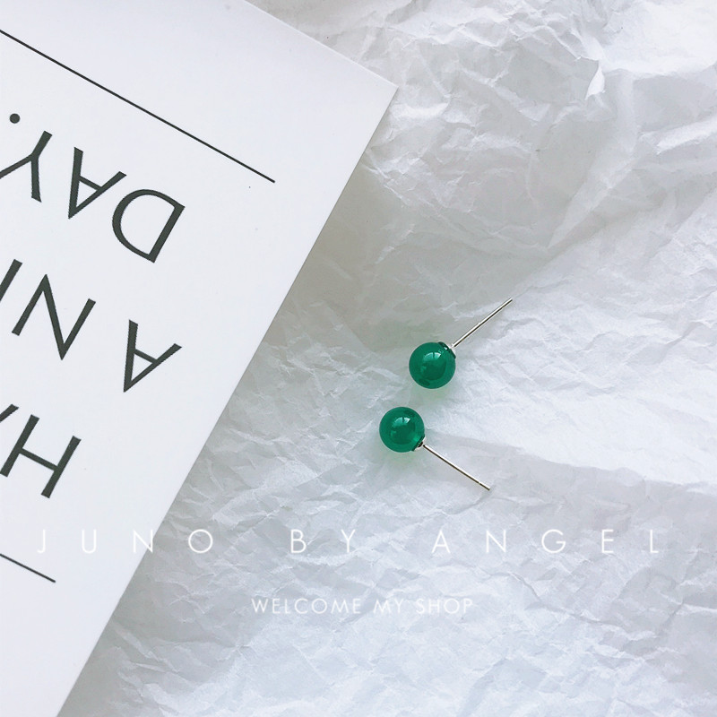 s925 pure silver natural green jade medullary nautic ear needle small round bead ball female brief retro ancient progenitor mother green earrings anti-allergy