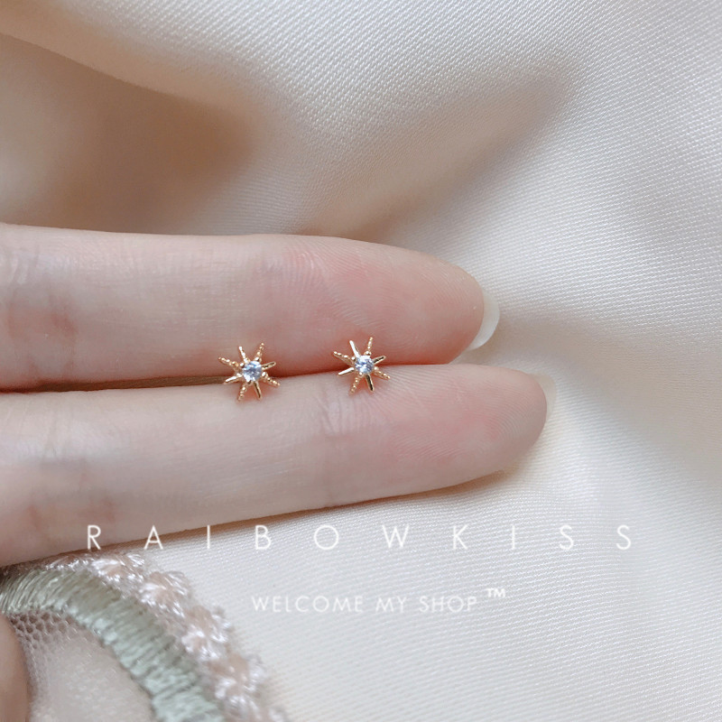 925 pure silver sparkling K gold Six-Munch starring minimalist with small sweet and fresh sleep without picking up the earrings girl