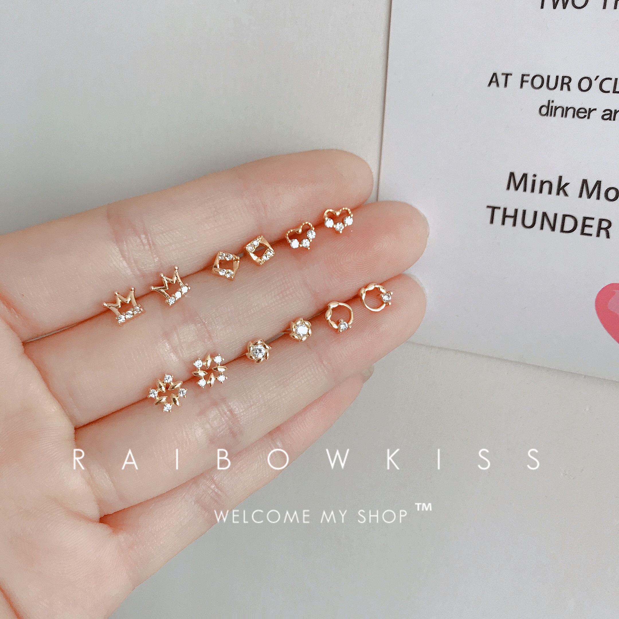 925 pure silver mini small star moon delicate zircons small crown ear pin 24k Baugold student earnter