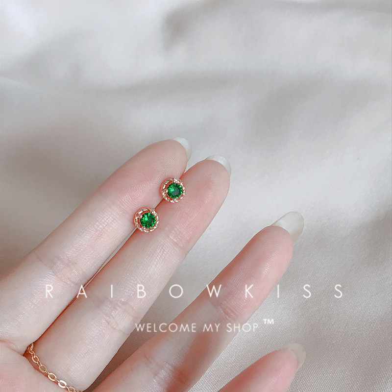 Korean version of simple 925 sterling silver earrings Rose gold emerald Zircon crystal stud earrings Gem gold plated student gift