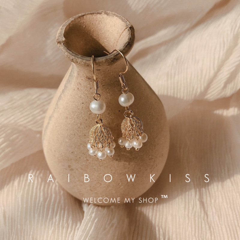 Superfairy Temperament Palace Vinting Retro 24k Bag Gold Freshwater Pearl Bird Cage Bird Nest Sopearl Earrings Gift