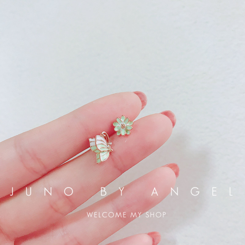 S925 pure silver anti-allergy butterfly flower ear nail South Korean drop glaze oil temperament personality 14K gold earrings