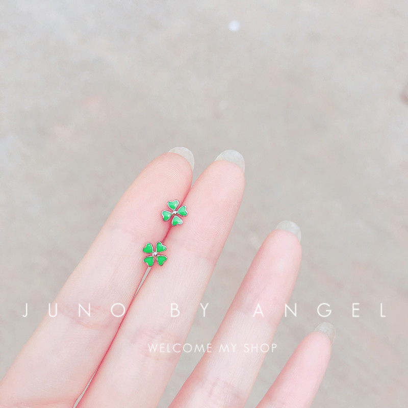 South Korea S925 pure silver four - leaf lucky grass needle girl fresh green drop - oil earrings with fine - rings