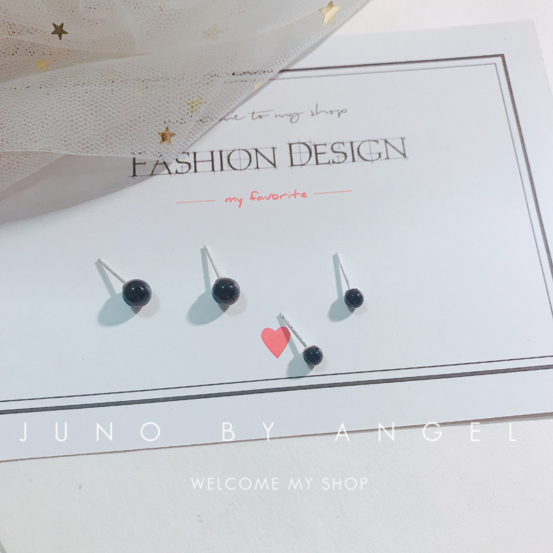 S925 pure silver earshot natural black agate small round pearl ball ear needle female brief retro black dazzling stone earrings male pair