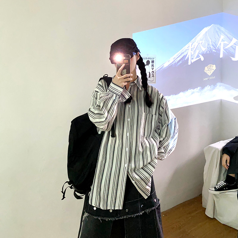 Flower field window vertical striped shirt retro Port wind women's new loose thin medium and long version of the wild shirt spring and autumn tide