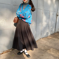 Flower field window pleated skirt women Spring and Autumn Joker new Hong Kong style retro medium long high waist A- line dress umbrella skirt