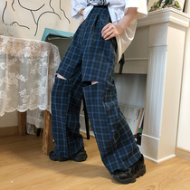 Flower field window retro plaid wide leg pants womens high waist loose straight tube zipper leak knee hanging drag floor trousers summer