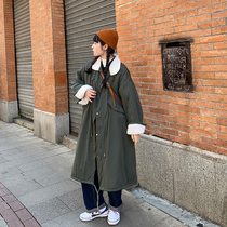 Flower field window lamb wool overalls coat women Korean version of loose cotton padded Hong Kong wind over the knee Pike cotton jacket winter tide