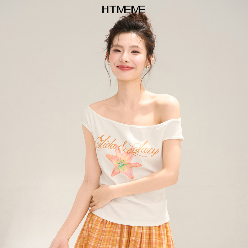 Flower Field Showcase Htmeme Cabbage~Dopamine Print Off-Shoulder Short Sleeve T-Shirt for Women Summer Slimming Top