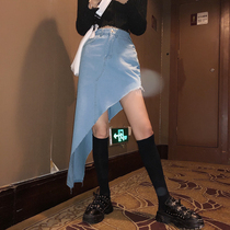 Flower field window irregular denim skirt skirt female new Korean version of high waist a-shaped hip skirt slim cover hips