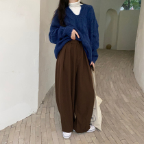 Flower field window suit pants womens wild loose retro harbor wind wide leg straight tube hanging touch floor casual Curry pants