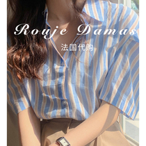 France Rouje Damas Summer sweetness with small fresh milk Soft blue striped flap Loose Casual Bubble Cuff Shirt